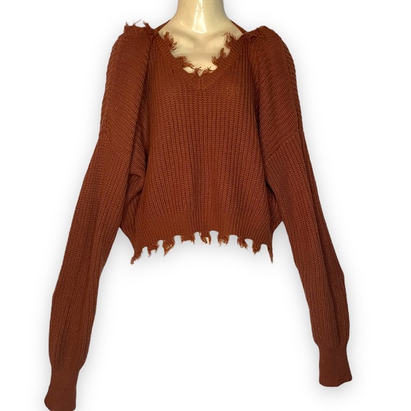 Chunky Rib Knit Sweater Frayed Hem V-Neck Pinkish Brown Medium - Picture 1 of 3